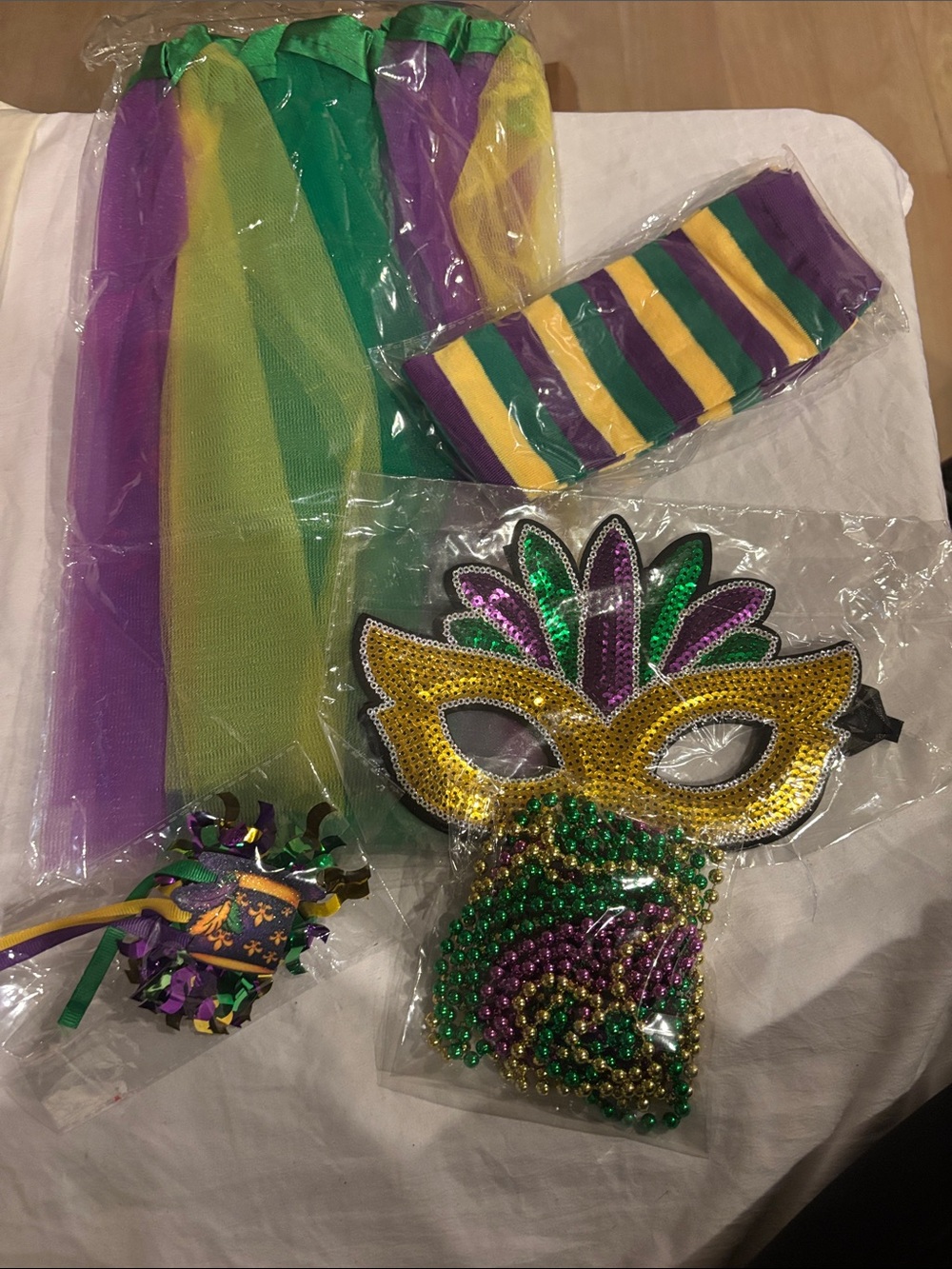 5pc Mardi Gras Party Mask,tutu  and Bead Set - Purple Green Gold